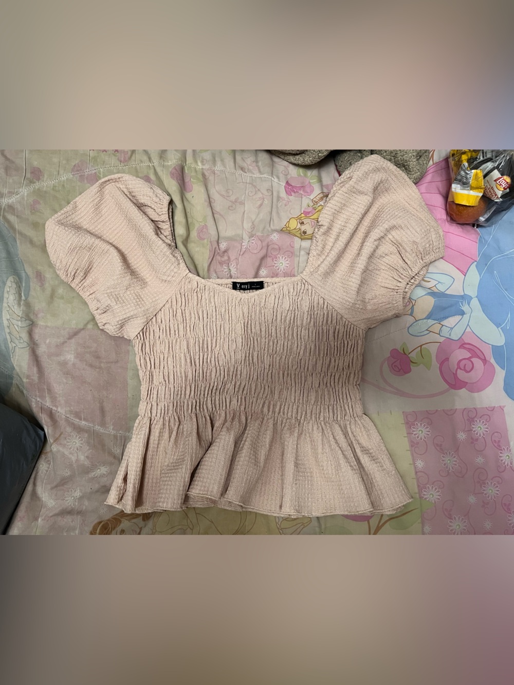 Very J Blush Puff Sleeve Smocked Peplum Top